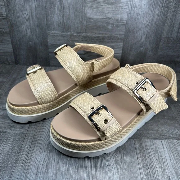 Madden Girl Sandals Womens 9.5 Natural Raffia Platform Buckle Flatform NEW - Picture 3 of 8